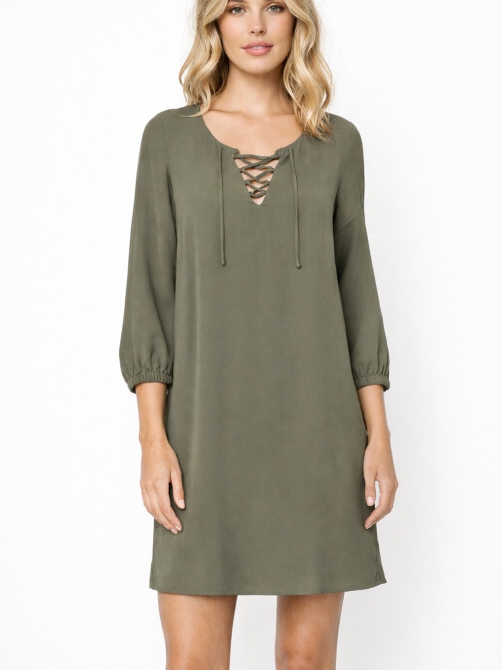 Three Eighty Two Olive‎ Green Lace-Up Dress Size Small Boho Shift Mini Dress